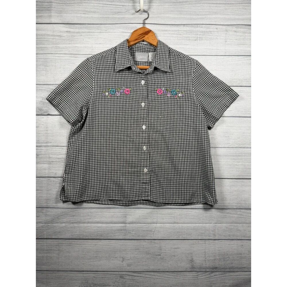 Blair Women's MP Black White Gingham Floral Embroidered Button Shirt 4366